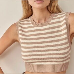 Reformation Tan and Cream Cropped Striped Sweater Vest Women Small